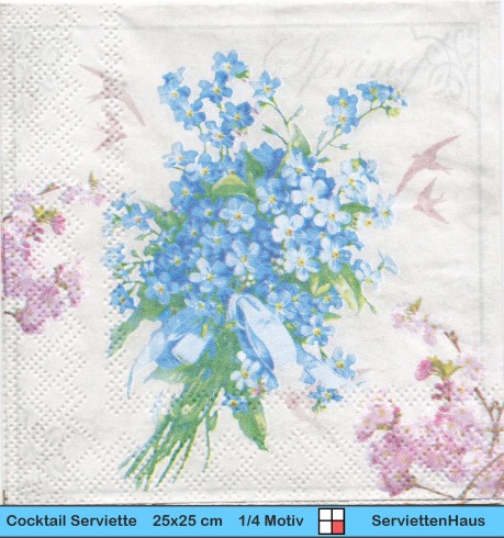 Vergissmeinnicht mit kleinen Rosen und Schwalben - 1 Cocktail Serviette